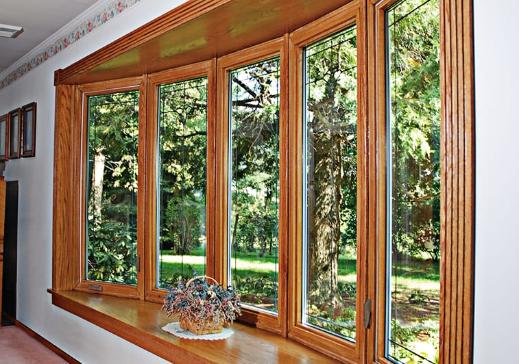 Exposed wood bay window interior