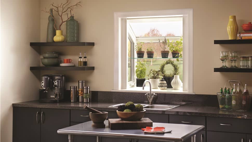 Garden window above a sink in a modern kitchen